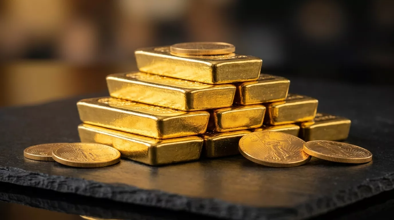 Stacked physical gold bars and bullion coins