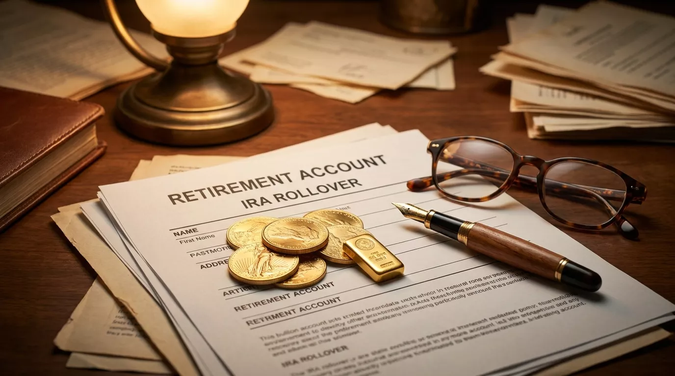 Gold coins resting on retirement account paperwork