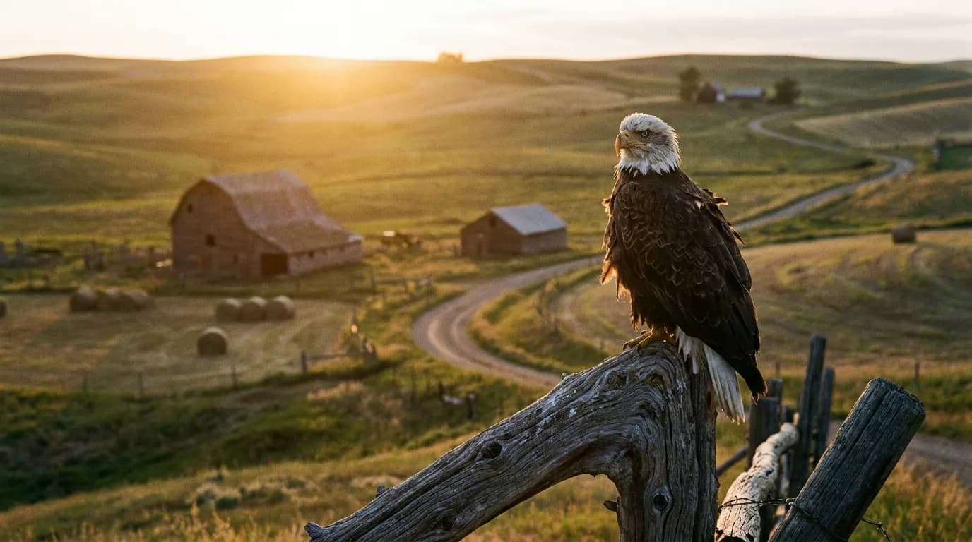 Bald eagle perched on a weathered fence post over a homestead at sunrise
