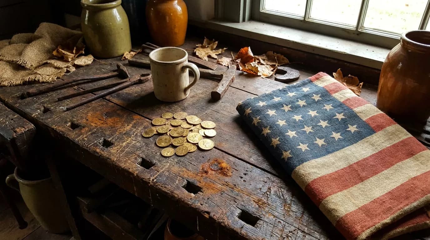 Vintage American flag and physical gold coins laid out on a weathered workbench